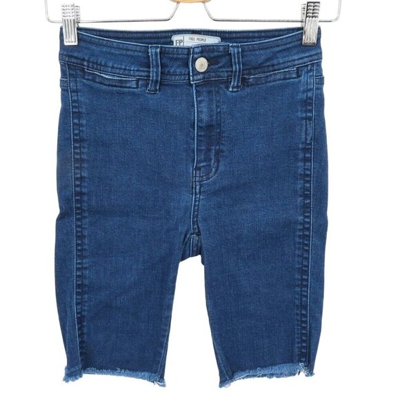 Free People Womens 25 So Chic Denim Biker Shorts Dark Wash Blue Jean Pockets - Picture 1 of 9